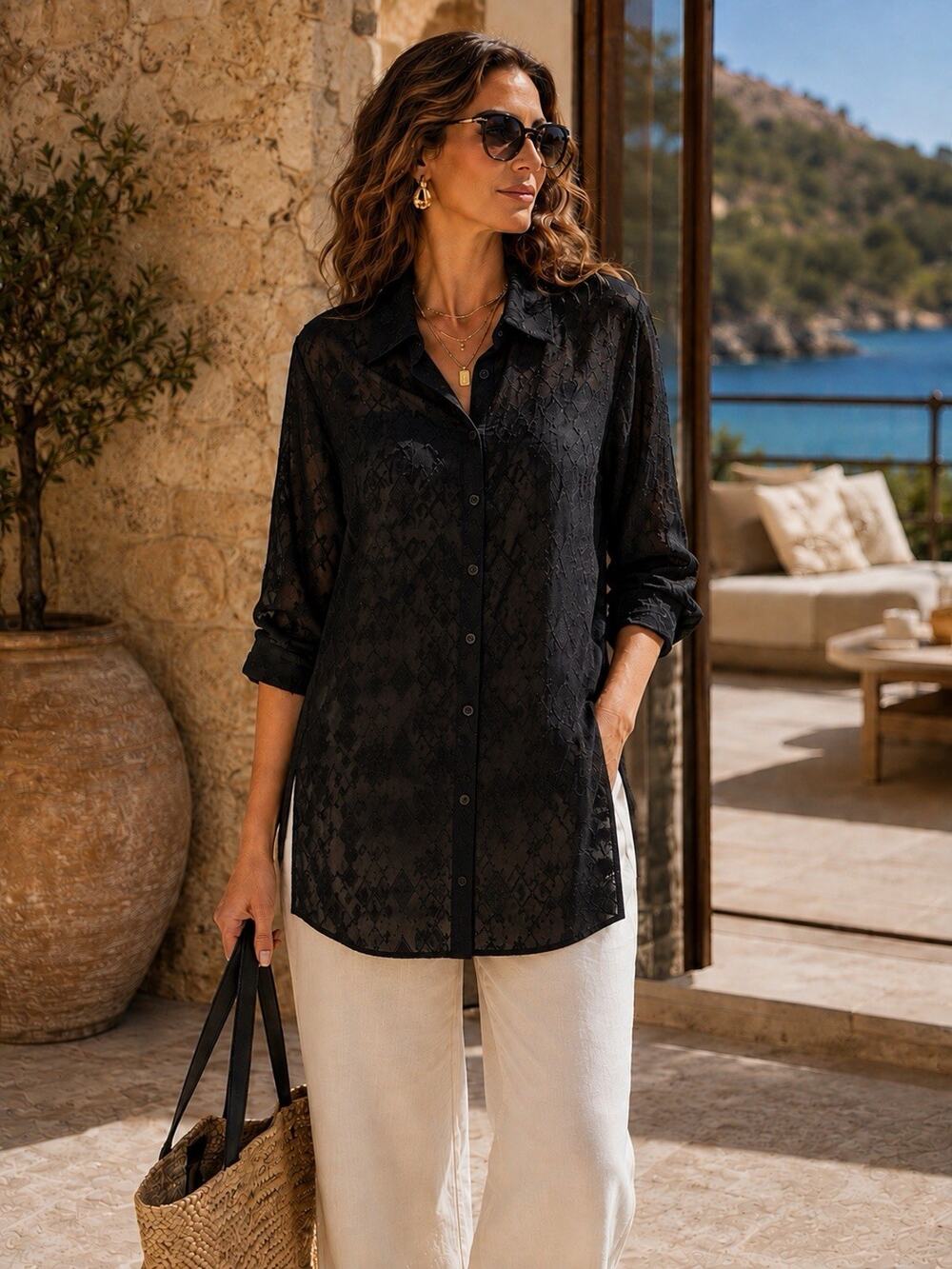 NEW Chicos Tunic Top Luxury Minimalist Evening Sheer Jacquard Black Button Up XL